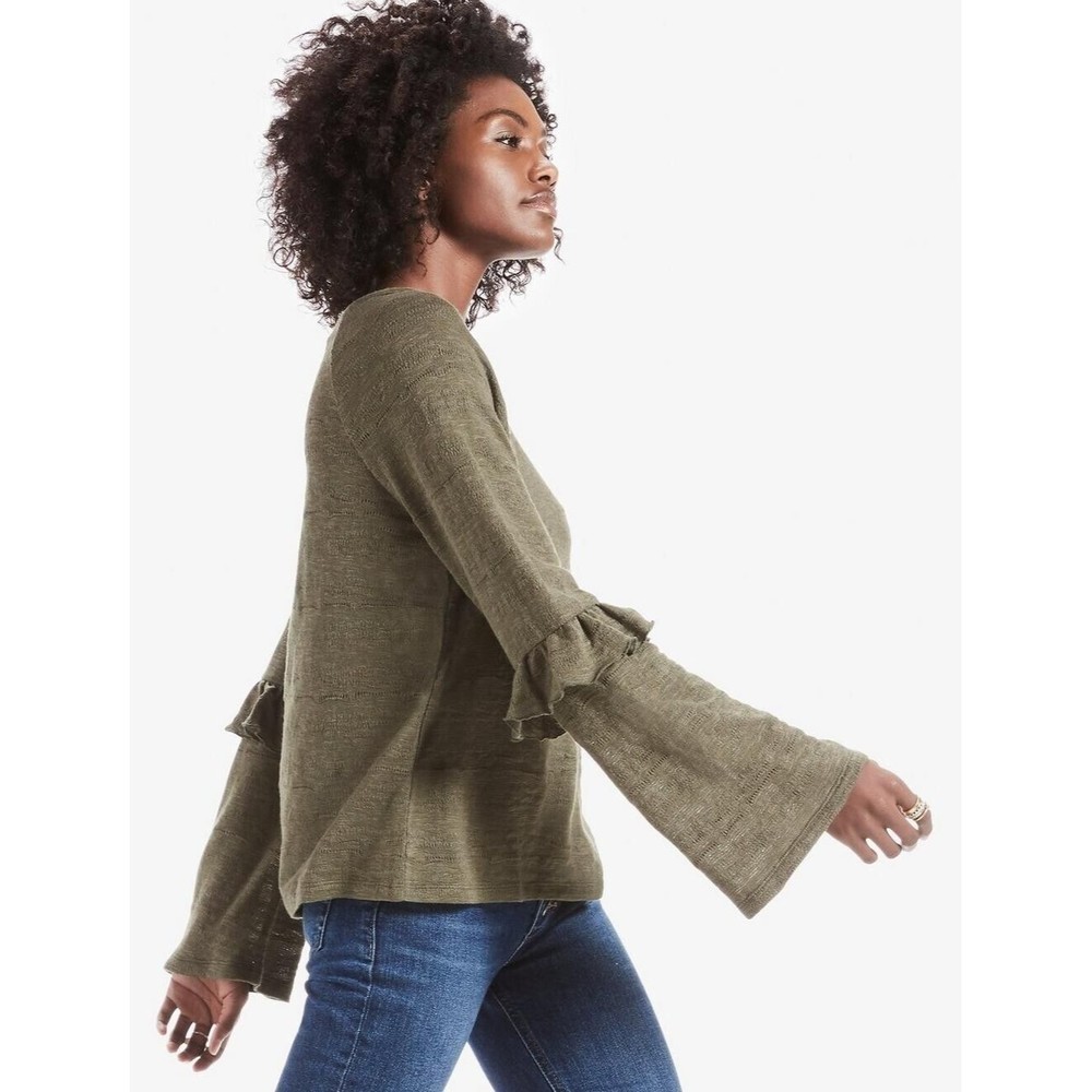 Lucky Brand Ruffle Bell Sleeve Top XS Winter Moss‎ Green Slub Knit Boxy Pullover
